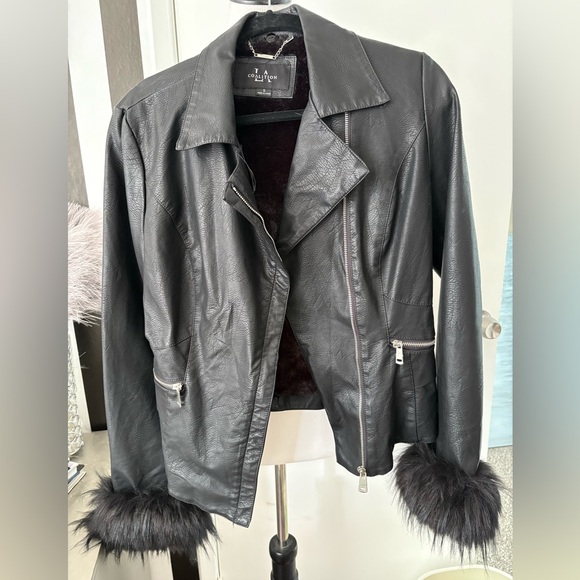 Collection B Black Leather Jacket with Fur Cuffs - Picture 1 of 5